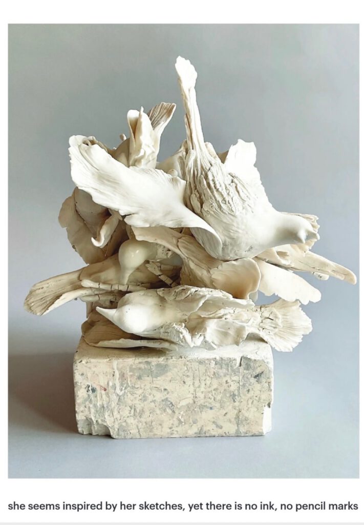 Susan Collett ceramic work. Caption reads "she seems inspired by her sketches, yet there is no ink, no pencil marks"